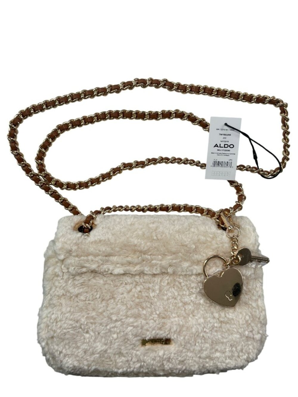 Aldo Tinybearr Faux Shearling Beige Crossbody Bag Gold Chain Strap Heart Charm